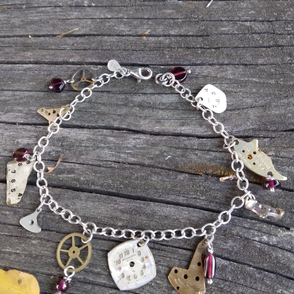 Vintage Sterling Steampunk Watch Parts Garnet Charm Bracelet - Picture 3 of 9